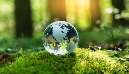 crystal earth globe on moss in a forest