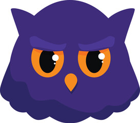 Purple owl with intense orange eyes staring intently, creating a spooky and mysterious ambiance