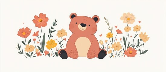 Adorable Bear Surrounded By Flowers On White Background