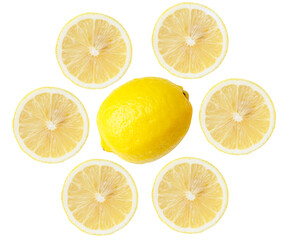 Fototapeta premium Top view set of single fresh ripe yellow lemon fruit with halves or slices isolated on white background with clipping path