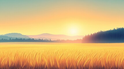 Golden Countryside Field At Sunset With Distant Forest And Soft Glow Light Golden Wheat Grain Field