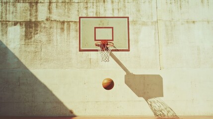 A basketball is about to enter a hoop on a sunlit court.