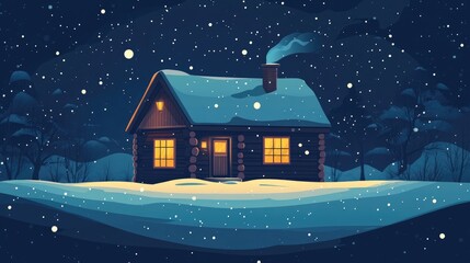 Fototapeta premium Charming Christmas Log Cabin In Snowstorm With Thermal Windows At Night Video Game Location Design For Game Book Or Card Ai