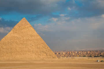 Different views of the Great Pyramids of Giza and the Sphinx statue. 
