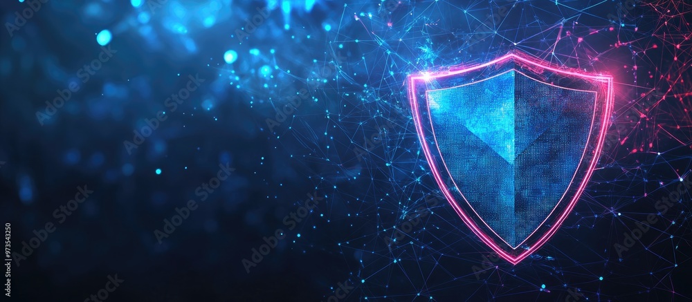 Poster cybersecurity data protection and cyber insurance concept with glowing shield icon against abstract 