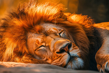 Naklejka premium Majestic lion with a regal mane resting peacefully.
