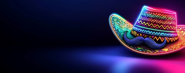 Fototapeta premium A Neon Tribute to Mexican Festivity with the Glowing Sombrero and Mustache Duo