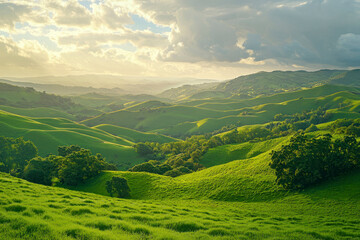 Obraz premium Panoramic View of Verdant Hills and Valleys.