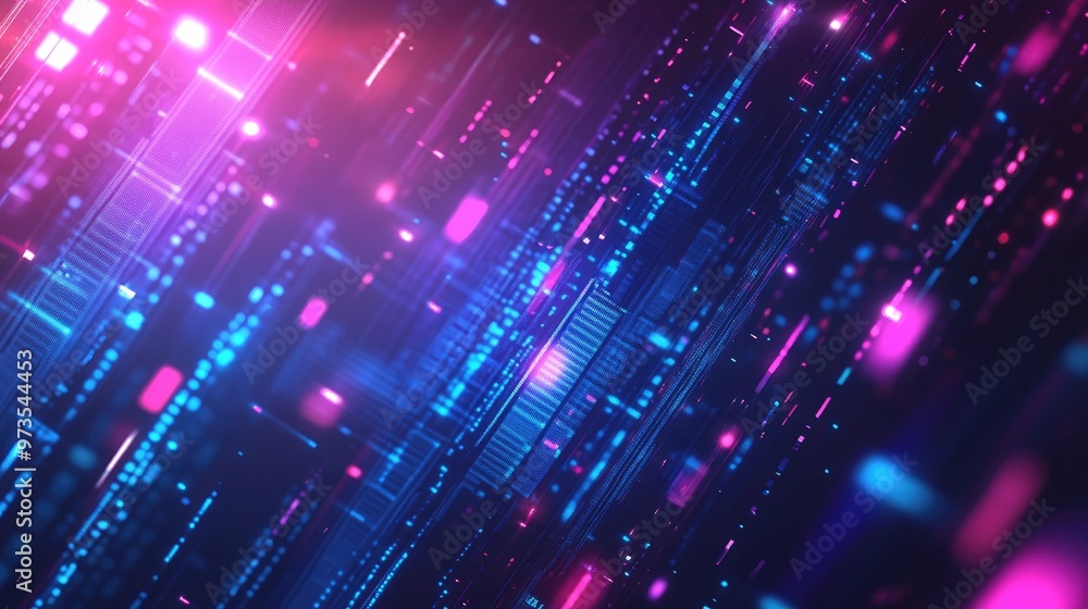 Poster Abstract Digital Background With Glowing Blue And Violet Pixelated Lights Global Technology And Data Concept In Cyberpunk Style