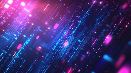 Abstract Digital Background With Glowing Blue And Violet Pixelated Lights Global Technology And Data Concept In Cyberpunk Style