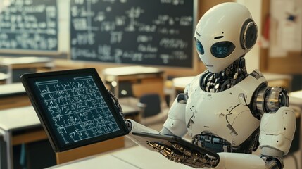 A humanoid robot in a classroom, holding a tablet with mathematical equations displayed on its screen, in front of a blackboard filled with formulas.