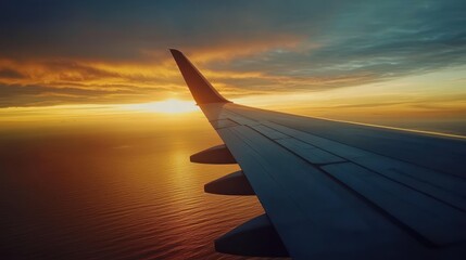 Airplane wing over water at sunset.