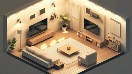 Modern living room interior with wooden floors, a white couch, a TV, and a coffee table.