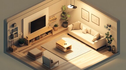 Minimalist living room with a white couch, wooden floor, and a large TV on the wall.