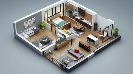Naklejka premium Isometric 3D model of a modern house interior design with furniture.