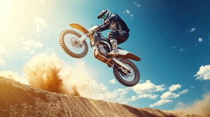 A motocross rider performs a jump over a dirt ramp, kicking up dust in a vibrant sky.
