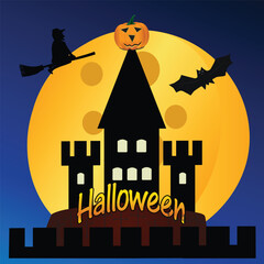 Halloween scary castle with pumpkin broom rider and bat