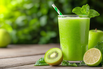 Refreshing green smoothie with fruits and mint in a garden