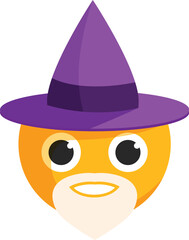 Cartoon drawing of a wizard face, with wide eyes and white beard, wearing a purple hat, on a white background