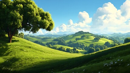 Fototapeta premium Green rolling hills and blue sky with clouds, natural landscape illustration