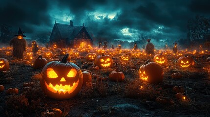 Spooky Halloween scene with glowing jack-o'-lanterns and a haunted house.