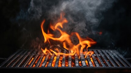 Close-up of a hot grill with flames and smoke.