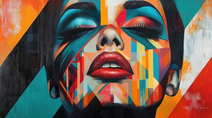 Abstract portrait of a woman with geometric shapes and vibrant colors.
