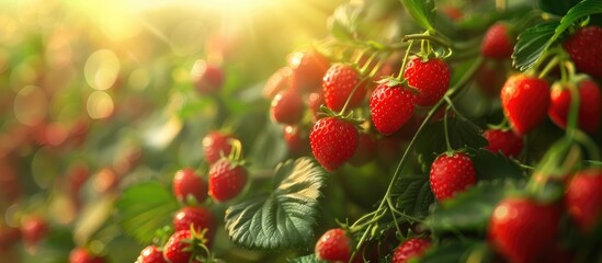 Fototapeta premium Closeup view of freshly ripened and juicy red strawberries growing on the vine in a lush green garden under the warm glow of bright sunlight The image showcases the vibrant colors healthy condition