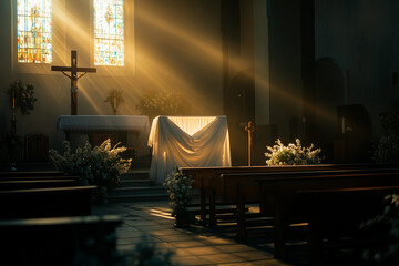 Church celebrating Easter, with a cross draped in white cloth, illuminated by soft daylight