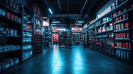 A modern retail space showcasing various products on shelves in a well-lit environment.