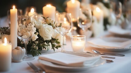 Elegant white tablecloth with white roses, candles, and silverware.