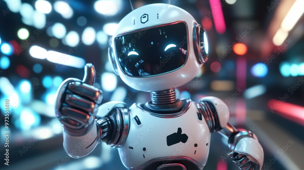 Poster a animated chat robot giving a thumbs-up, with a bright and friendly interface for user interaction