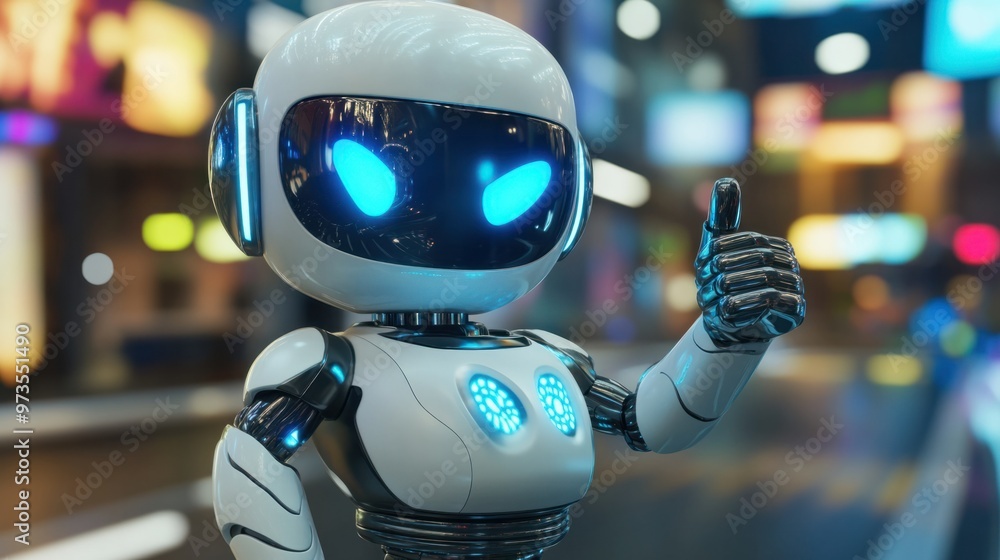 Poster a animated chat robot giving a thumbs-up, with a bright and friendly interface for user interaction