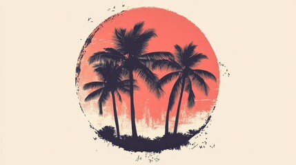 Creative circular illustration featuring palm trees with text Isolated design template Surreal minimalist artwork
