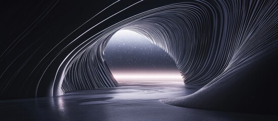 Abstract 3D rendering of a surreal structure featuring a dark backdrop and lines in an open space presenting a futuristic design
