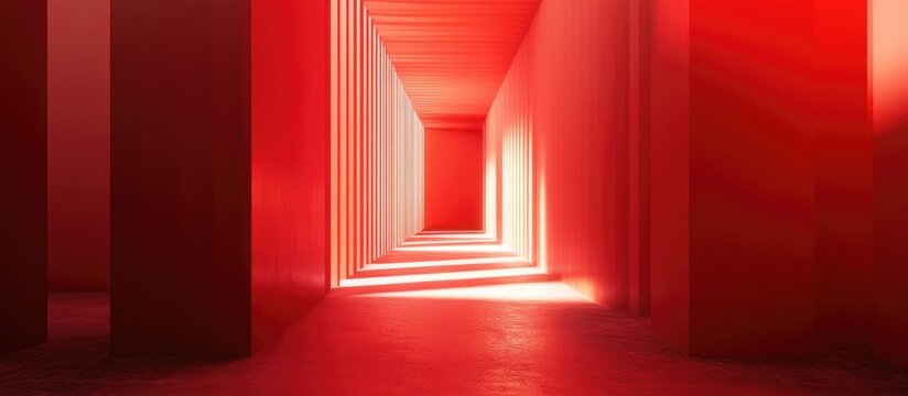 Abstract red surreal 3D rendering featuring an architectural corridor with a vertical background Surreal interior illustration in a vibrant red color scheme