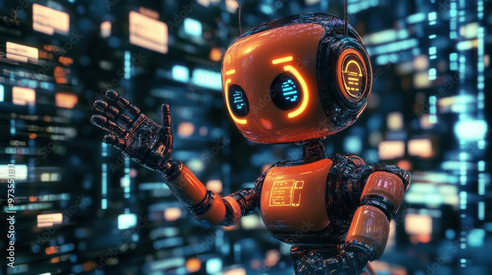 Poster a 3d animated chat robot waving, with a background full of digital code and conversation bubbles