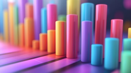 Fototapeta premium Colorful glossy cylinders arranged on a vibrant striped platform, creating a dynamic abstract pattern.