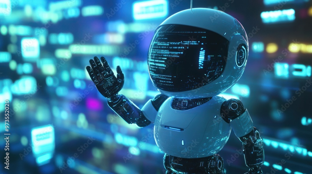 Poster a 3d animated chat robot waving, with a background full of digital code and conversation bubbles