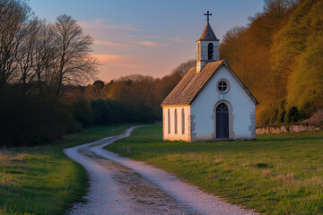 Fototapeta premium A small historic chapel bathed in soft daylight, nestled in a picturesque setting, exuding charm and timeless beauty