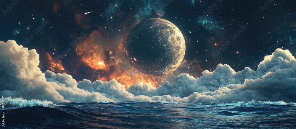 Poster surreal and fantastical 3d rendering featuring a world with the moon meteorites clouds stars the ori