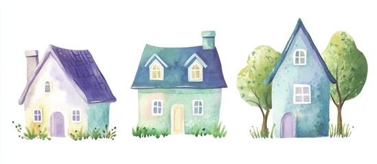 Three houses depicted in a simple childlike style featuring soft tones of green and blue enhanced by touches of violet in a watercolor medium