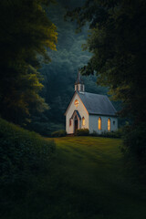 Fototapeta premium A small historic chapel bathed in soft daylight, nestled in a picturesque setting, exuding charm and timeless beauty