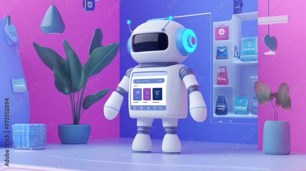Aufkleber a chat robot assisting with an online purchase, displaying product recommendations in a stylish conv