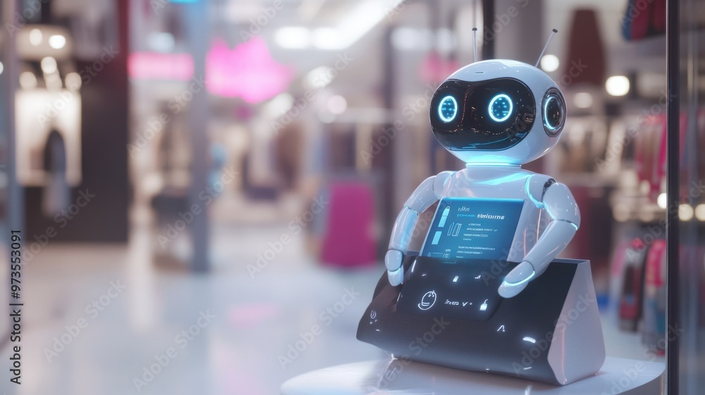 Poster a chat robot assisting with an online purchase, displaying product recommendations in a stylish conv