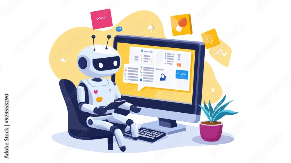 Poster A chat robot assisting with scheduling tasks on a computer, symbolizing time-saving AI technology