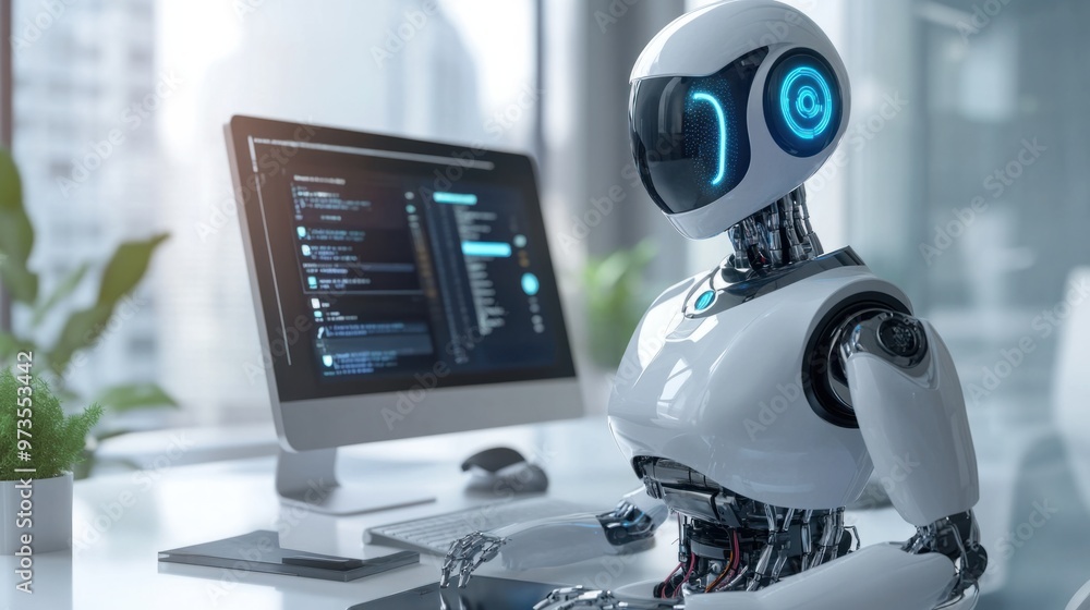 Poster A chat robot assisting with scheduling tasks on a computer, symbolizing time-saving AI technology