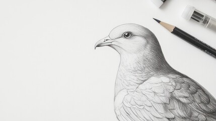 A detailed pencil drawing of a dove on white paper, with a pencil and eraser on the side.