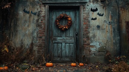 A spooky door adorned with a wreath and pumpkins for Halloween.