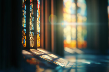 Close-up of a church with abstract stained glass-inspired patterns, vividly illuminated by natural sunlight, with a blurred background